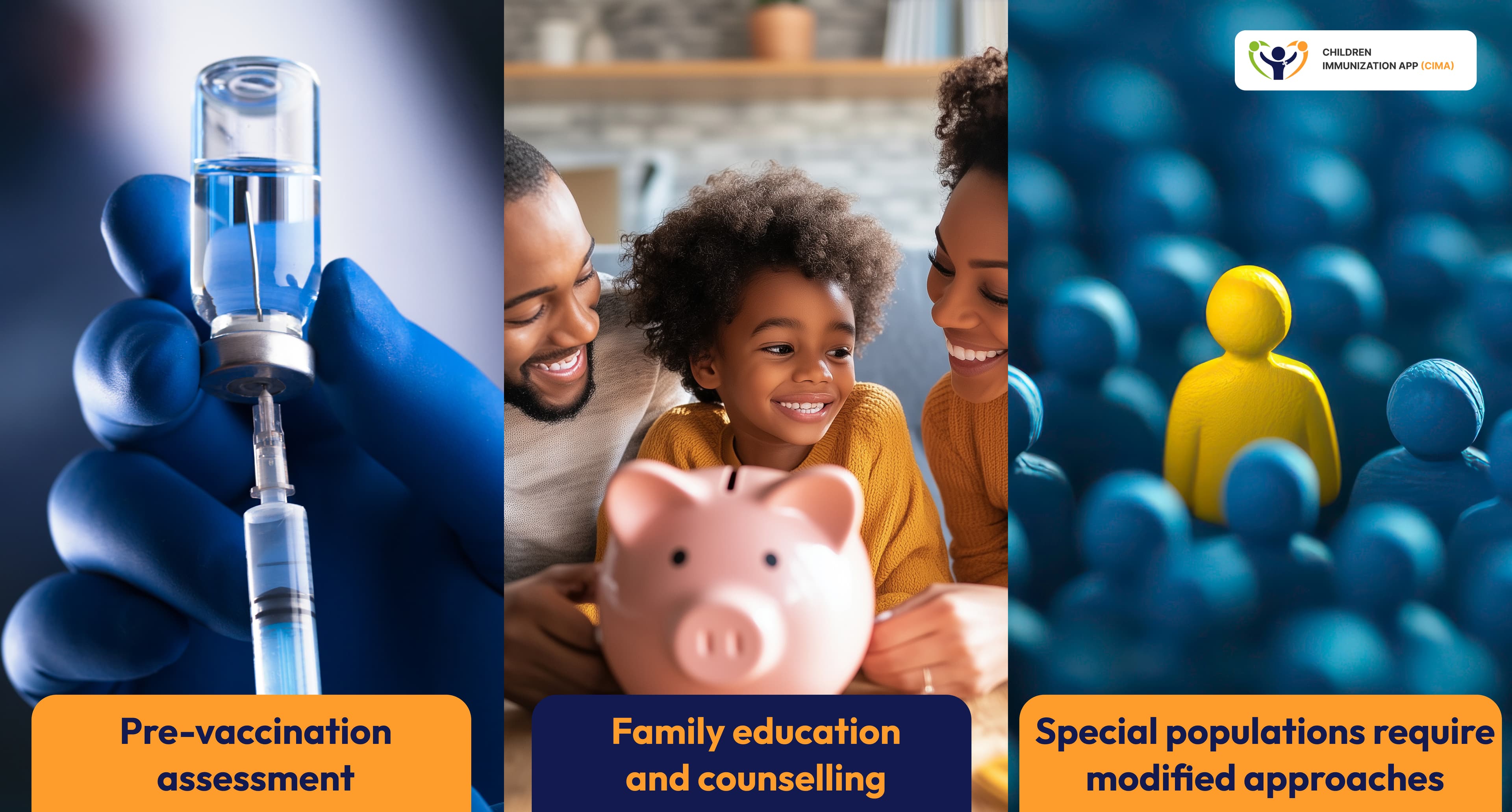 Three-panel infographic showing vaccination framework for genetic disorders.