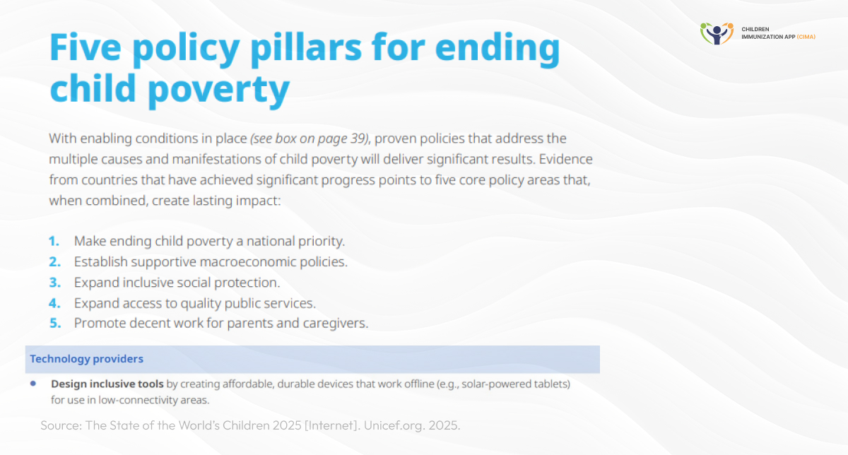 UNICEF policy pillars, including quality public services via technology.