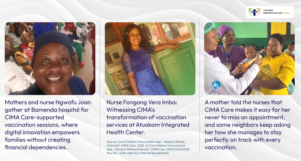 Cameroon nurses and mothers at CIMA-supported vaccination clinics smiling. 
