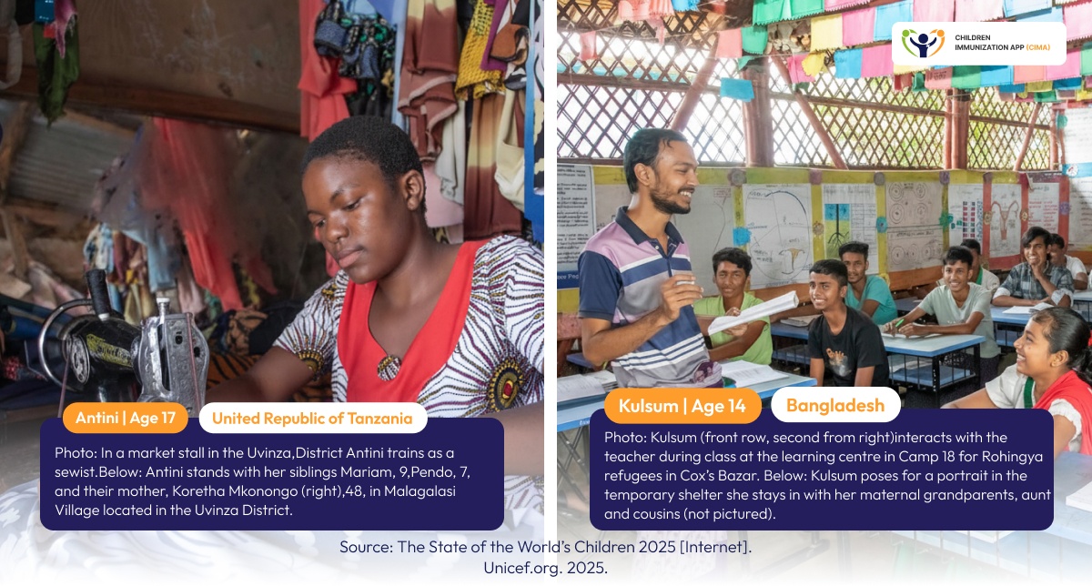 Refugee students learning in a Bangladesh classroom, and a Tanzanian lady learning sewing skills for economic empowerment.