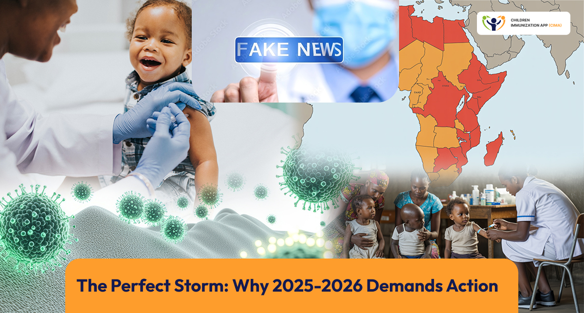 Child vaccine, fake news badge, Africa map, viruses, clinic.