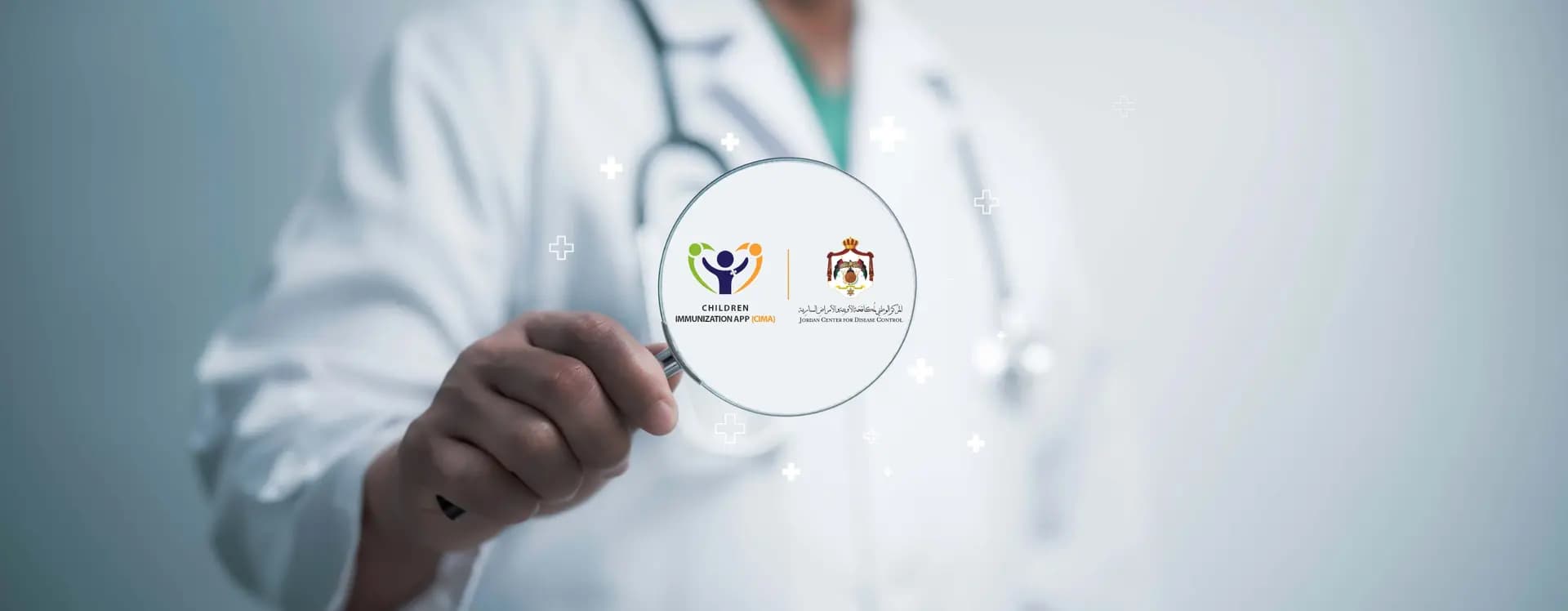 a doctor holding a magnifier showing CIMA and Jordan logo side by side