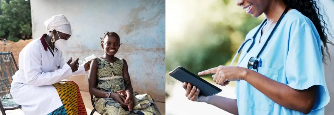 A nurse injecting a vaccine into a girl’s arm while another nurse checks a tablet.