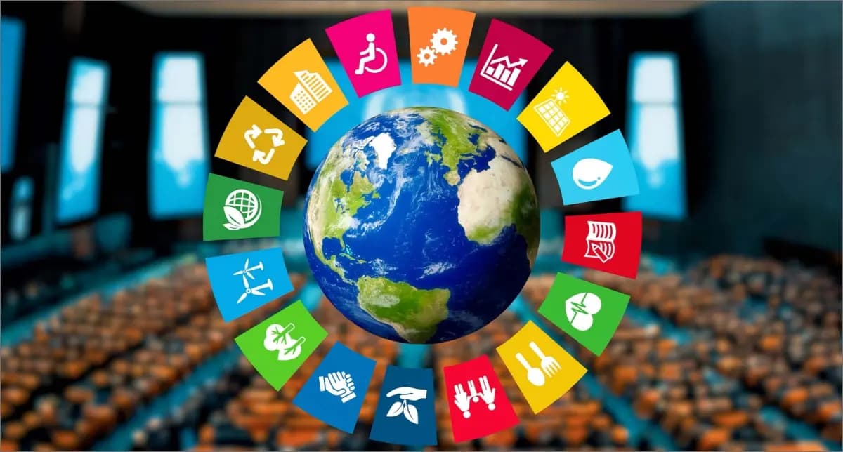 Icons of SDGs surrounded the globe at the UN meeting on antimicrobial resistance.