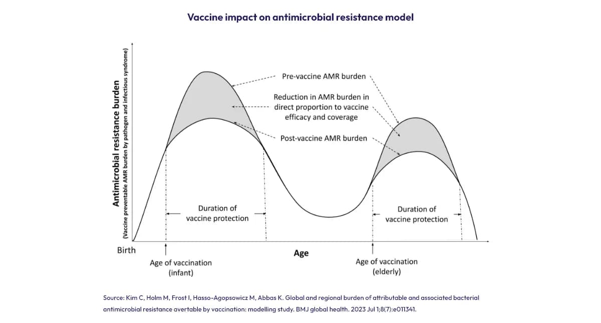 Graph showing the impact of vaccines on reducing antimicrobial resistance burden by age.