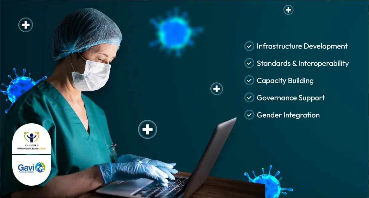 A healthcare worker on a laptop; CIMA Care's focus on key digital health enablers.