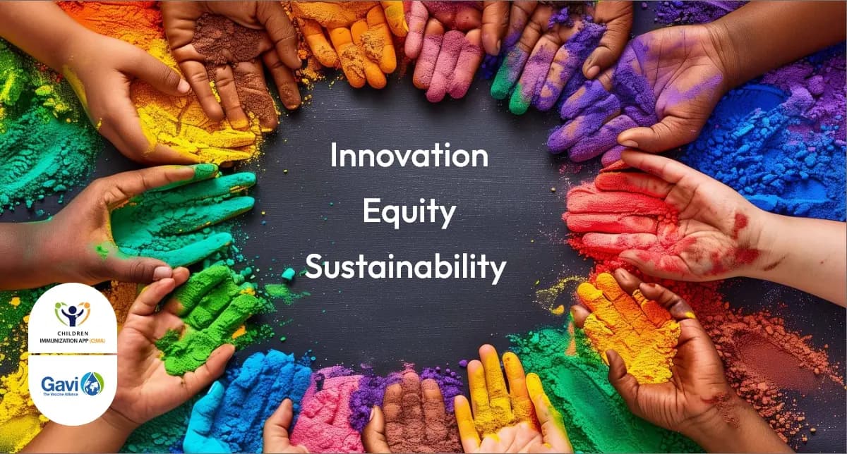 Hands holding colorful powders symbolize innovation, equity, and sustainability in health.