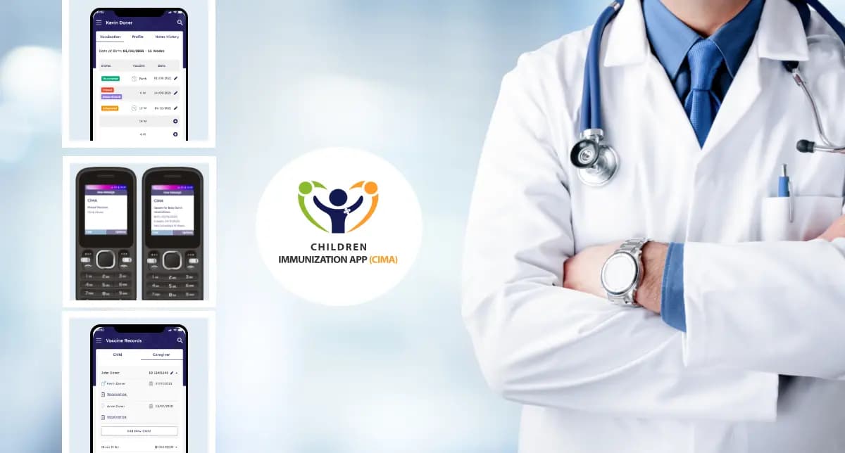 CIMA app screenshots showing vaccination schedules and reminder interfaces.