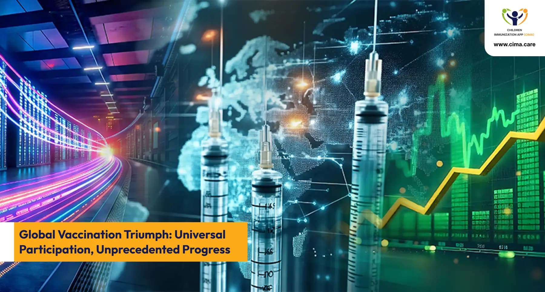 World map highlighting global vaccination cooperation with increasing coverage statistics.