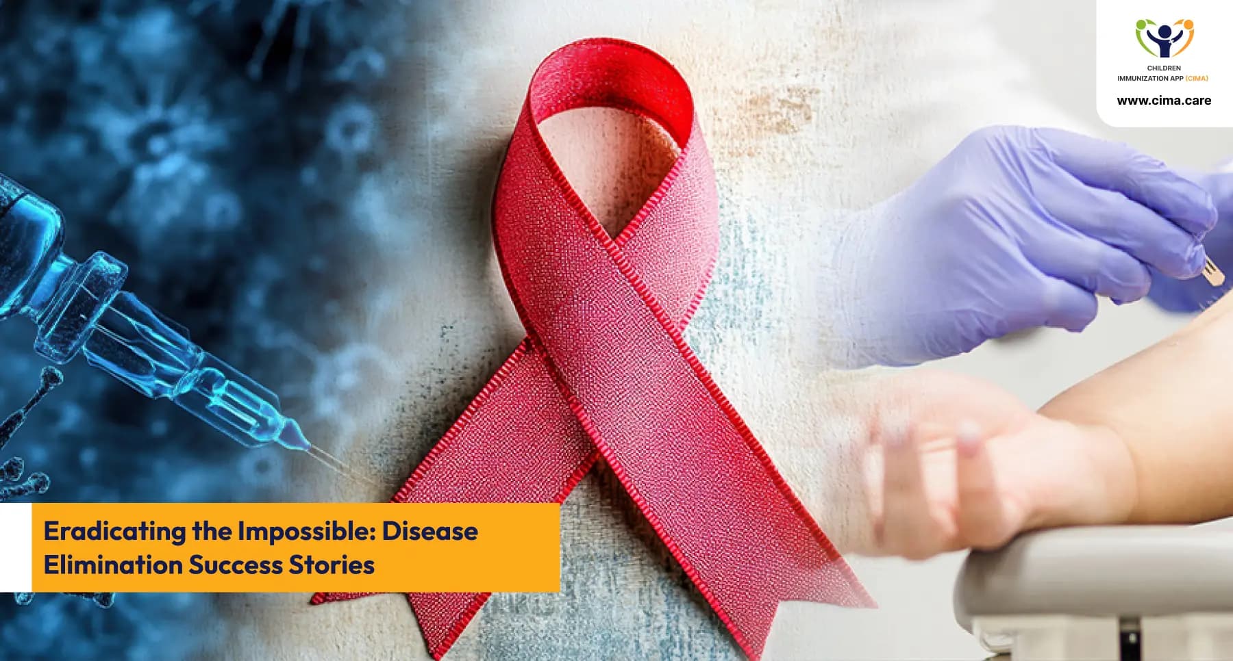 HIV awareness ribbon with medical syringe and healthcare worker administering treatment.