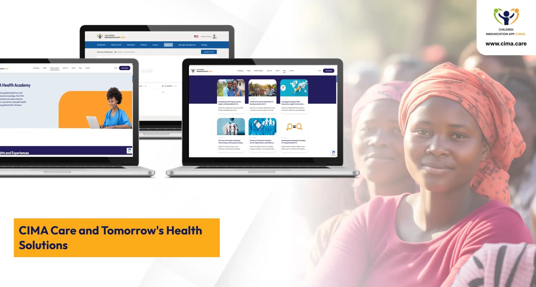 CIMA Care's platform on laptops alongside African healthcare worker in community setting.
