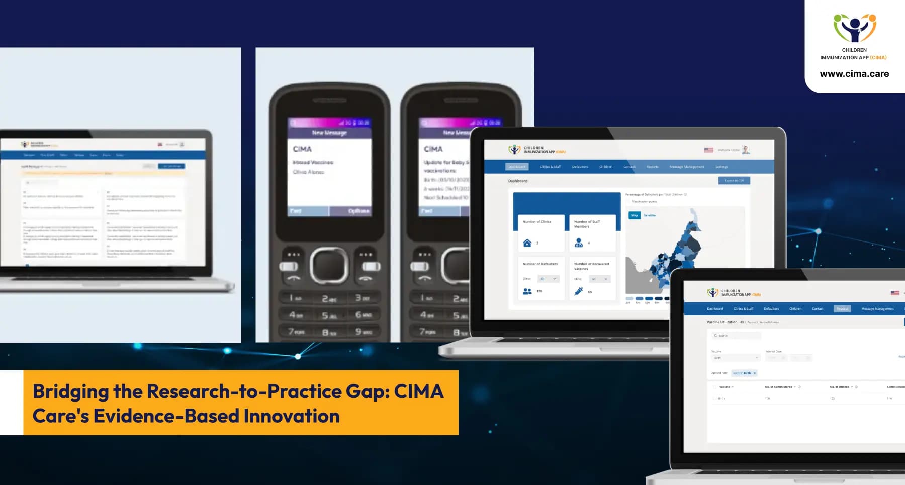 CIMA Care digital health platform with multi-device dashboard and SMS vaccination.