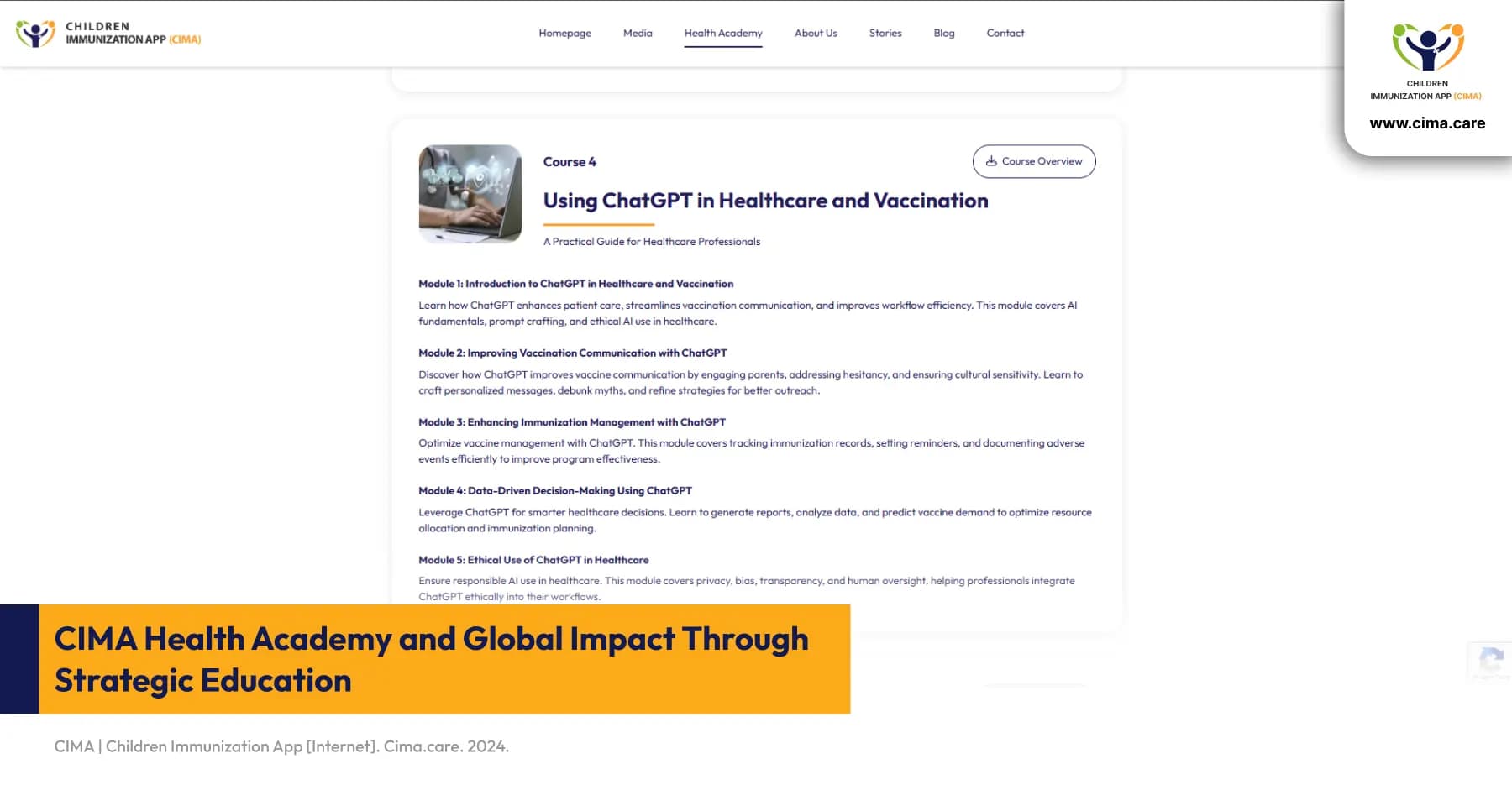 ChatGPT Healthcare Course Overview, featuring five training modules.
