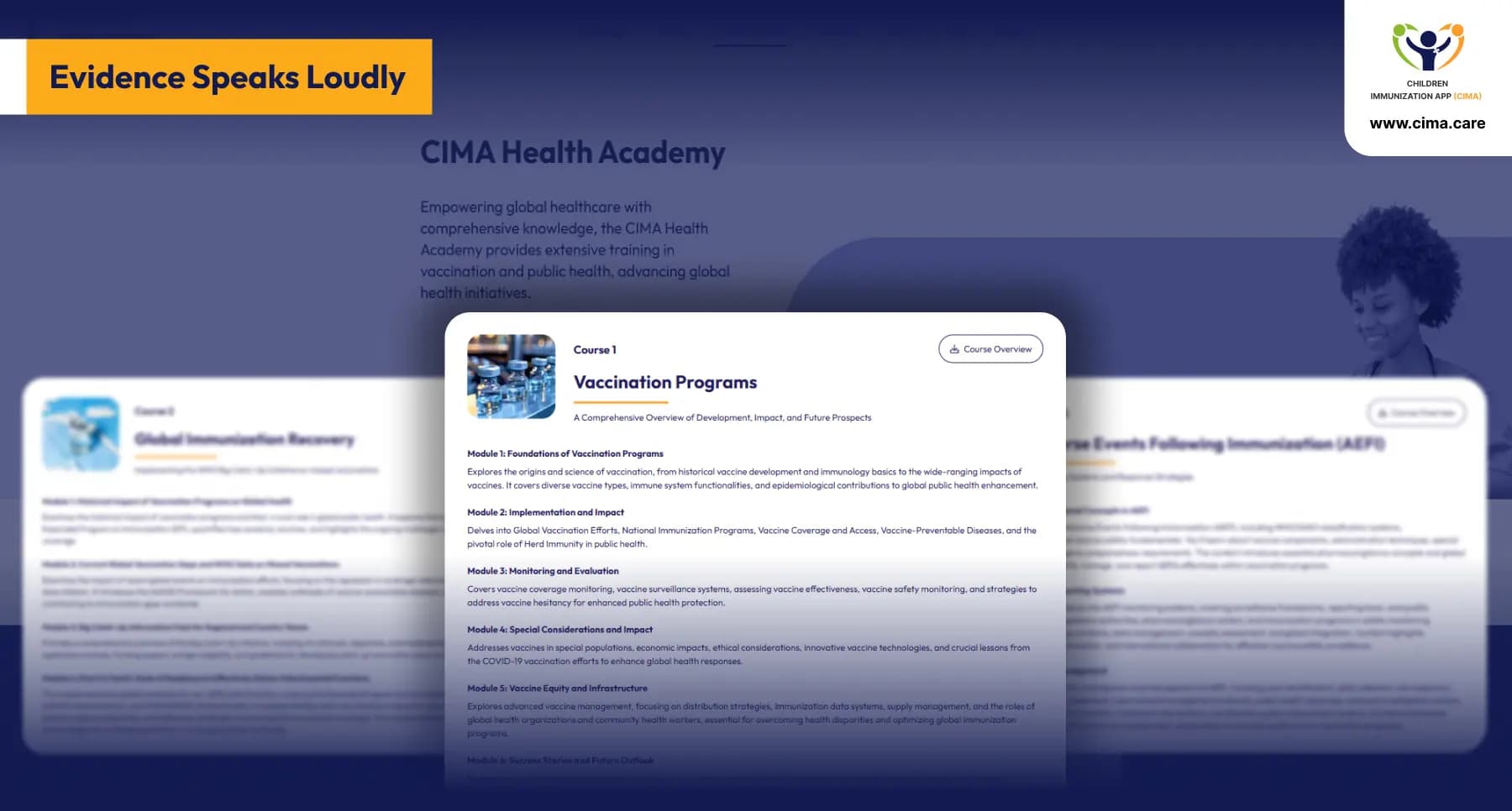 CIMA Health Academy course interface showing vaccination programs.