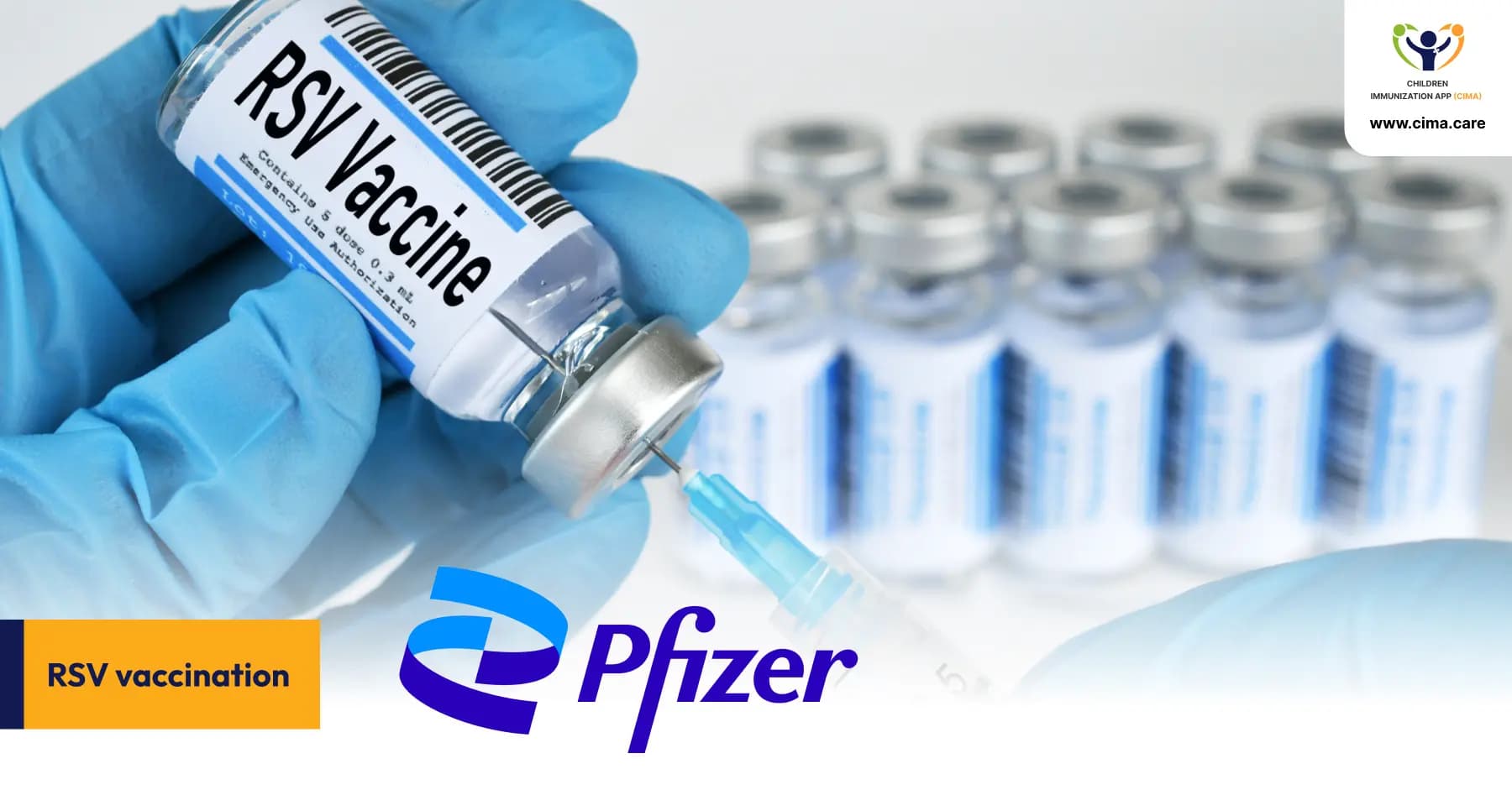 RSV vaccine vial with Pfizer branding in healthcare professional hands.