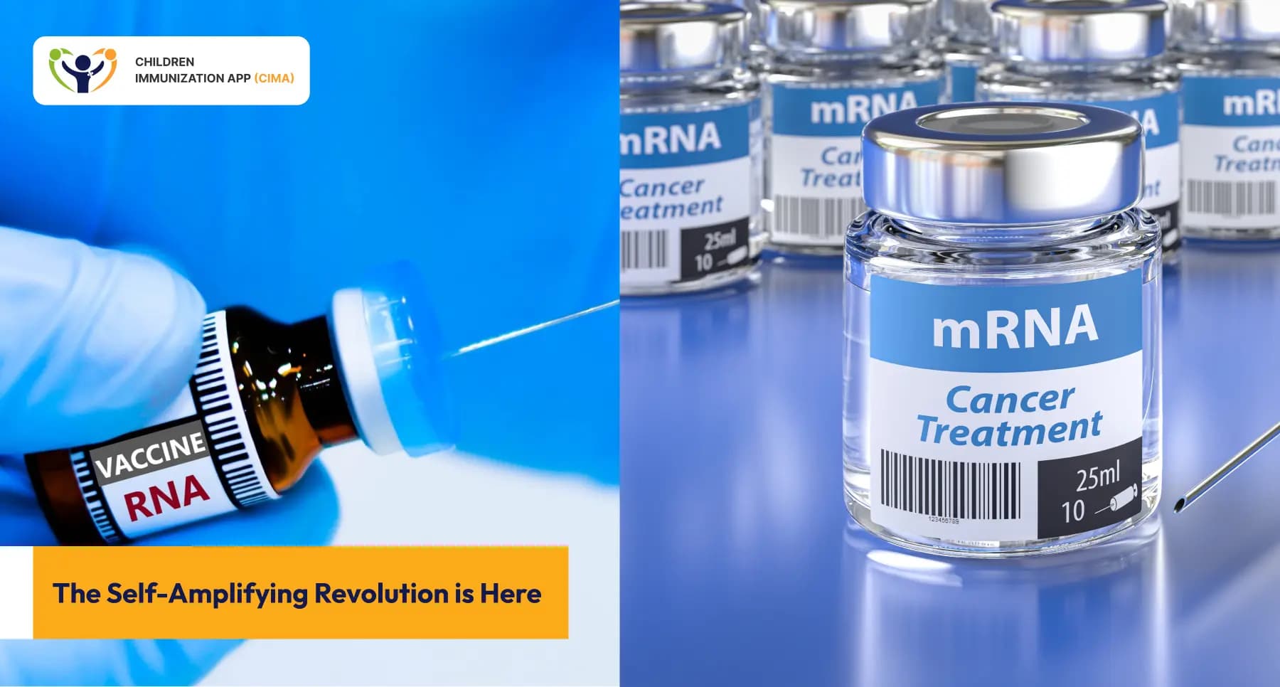 sa-mRNA vaccine vials and cancer treatment bottles showing RNA revolution.