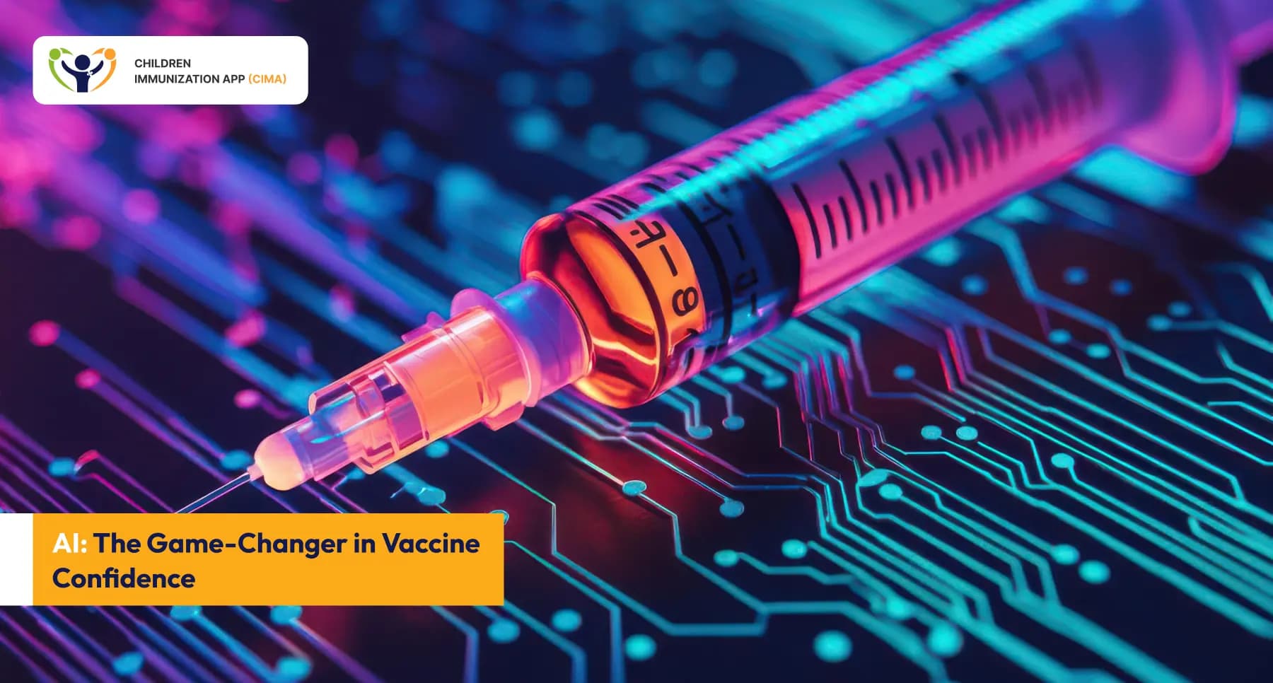 Futuristic syringe on digital circuit board showing AI vaccine tech