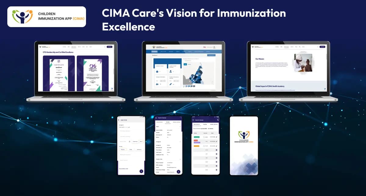 Multiple devices showing the CIMA platform dashboard app and certificates.