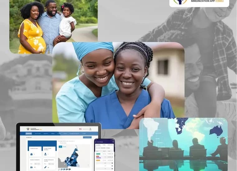 Collage showing families, nurses, and CIMA Care’s digital immunization dashboard, highlighting technology-enabled child vaccination services.