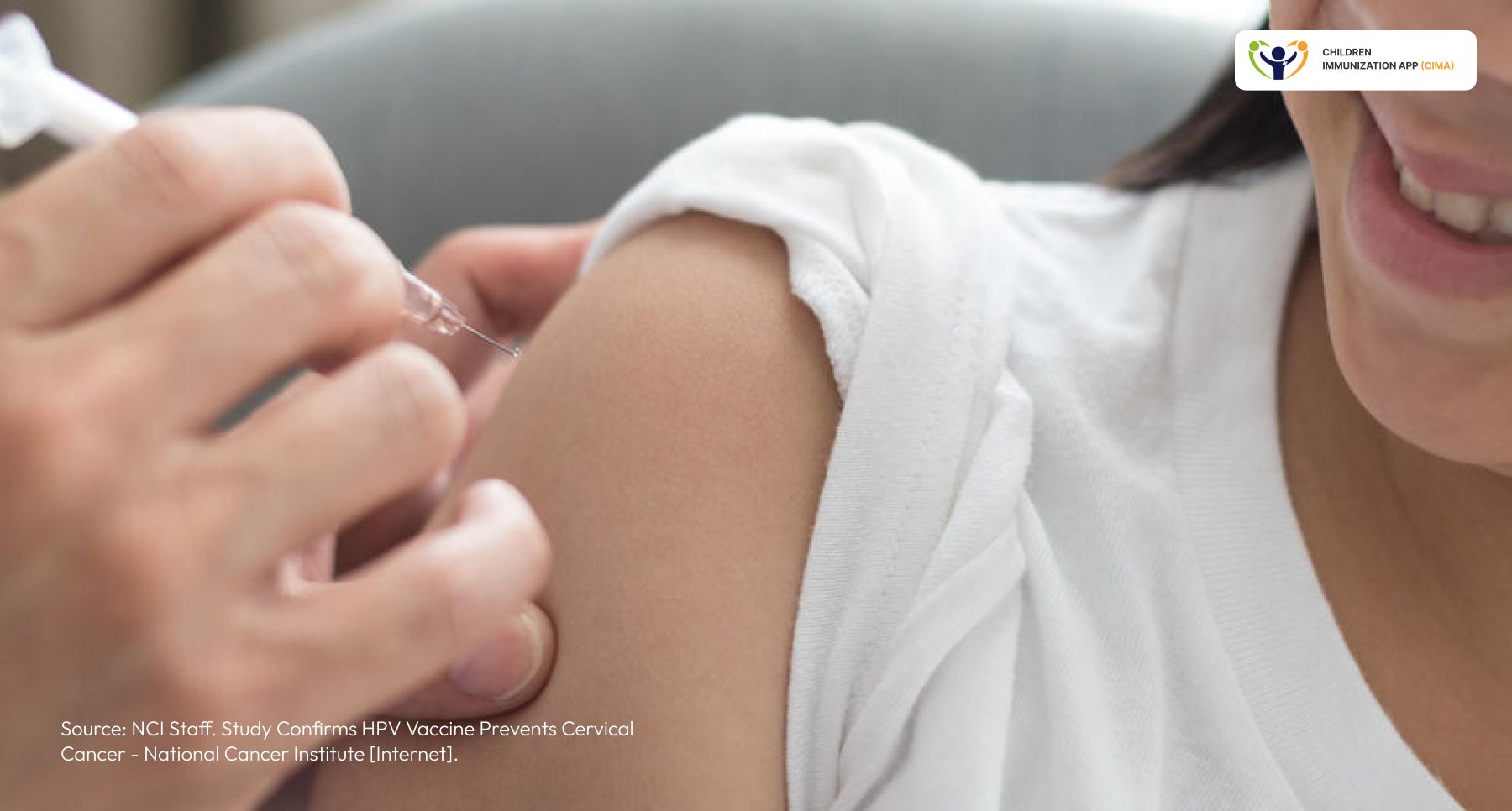 Young woman smiling while receiving HPV vaccine injection.
