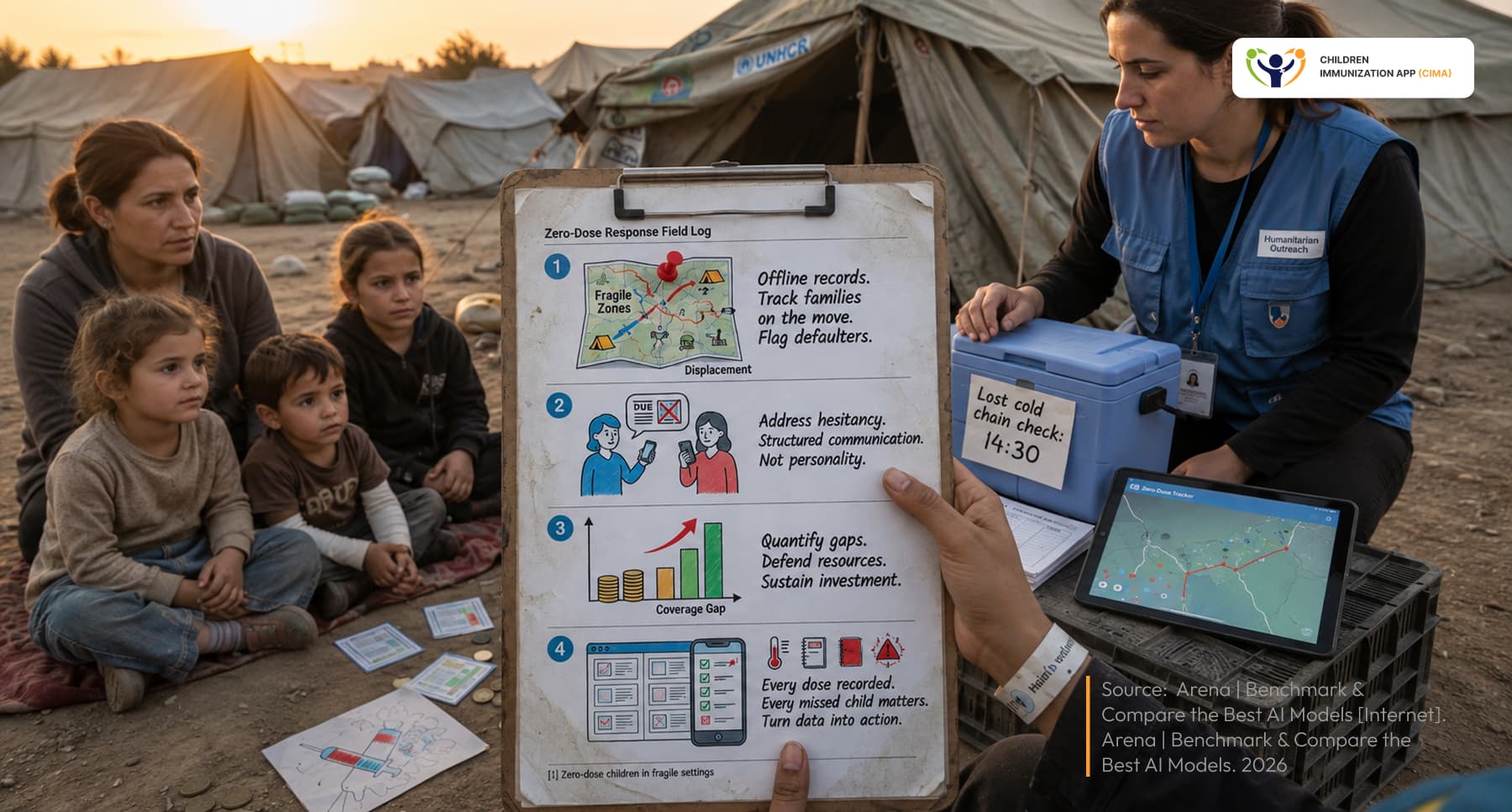 Health worker holding a zero-dose field log in a displacement camp.