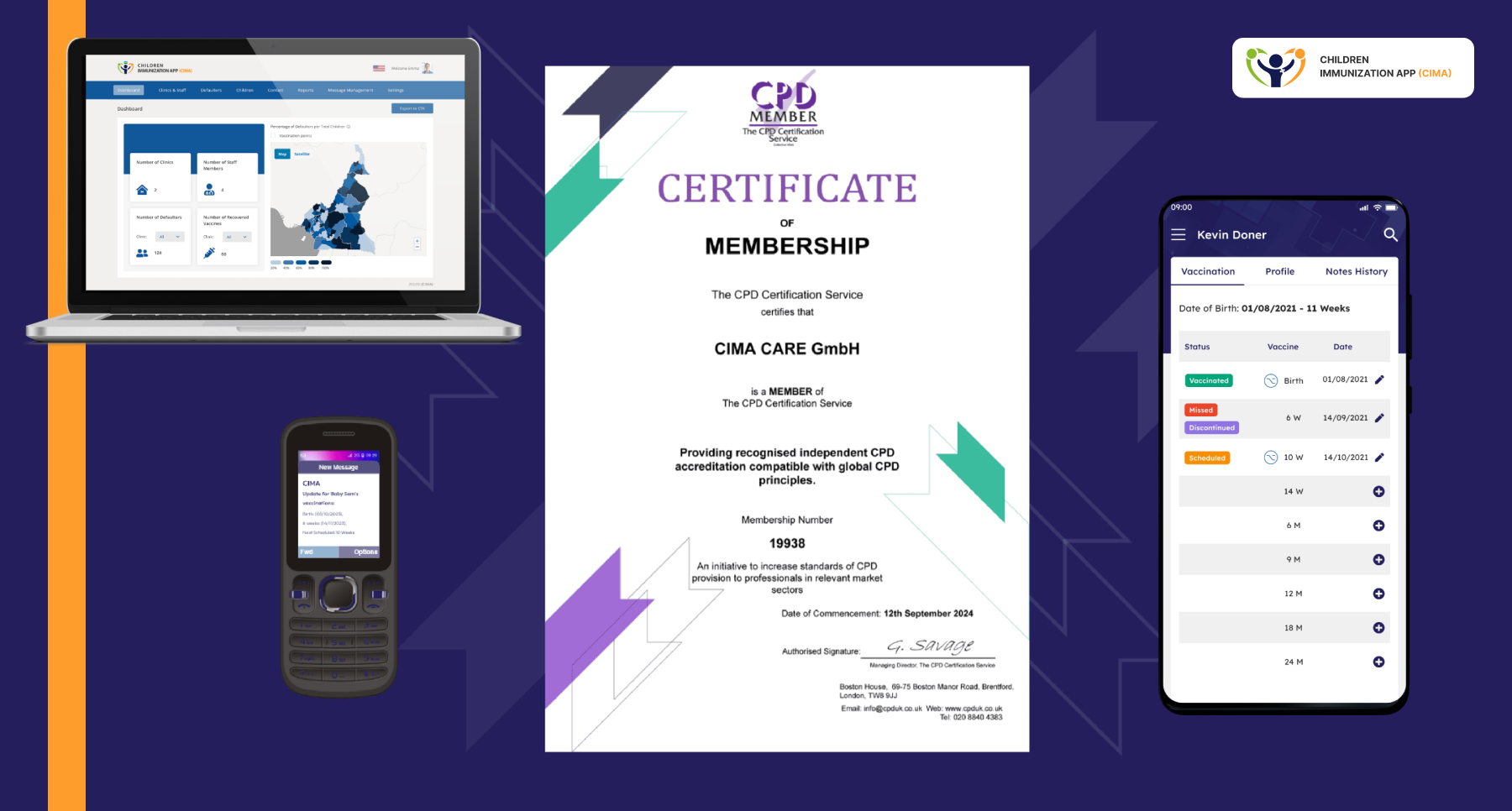 Devices and CPD certificate showing CIMA Care’s platform with dashboards and SMS reminders.