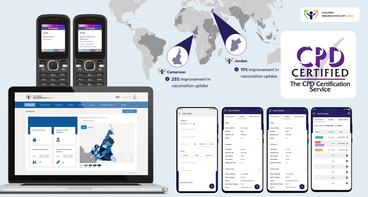CIMA Care platforms: vaccination app, CPD badge, feature phone SMS, admin panel.
