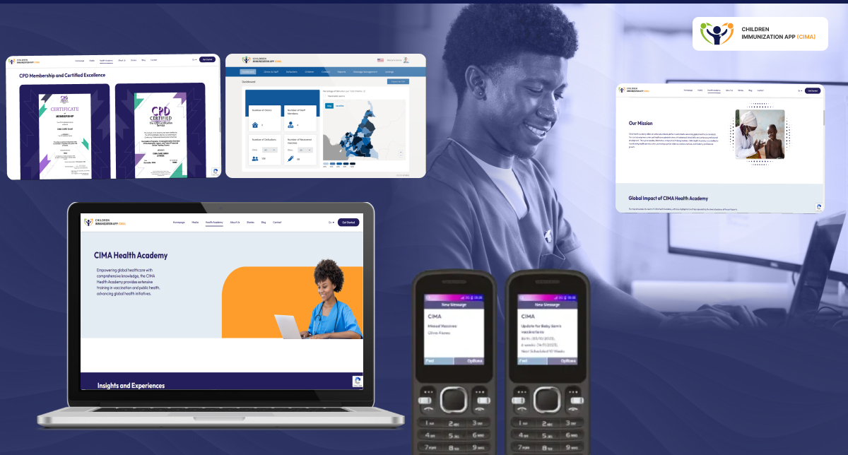 Multiple devices showing the CIMA platform, certificates, and Health Academy.