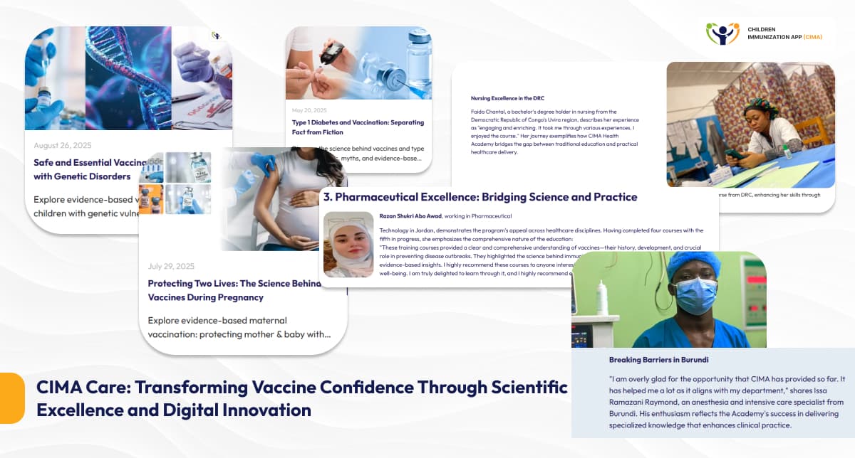 CIMA Care platform collage showing healthcare education and impact.