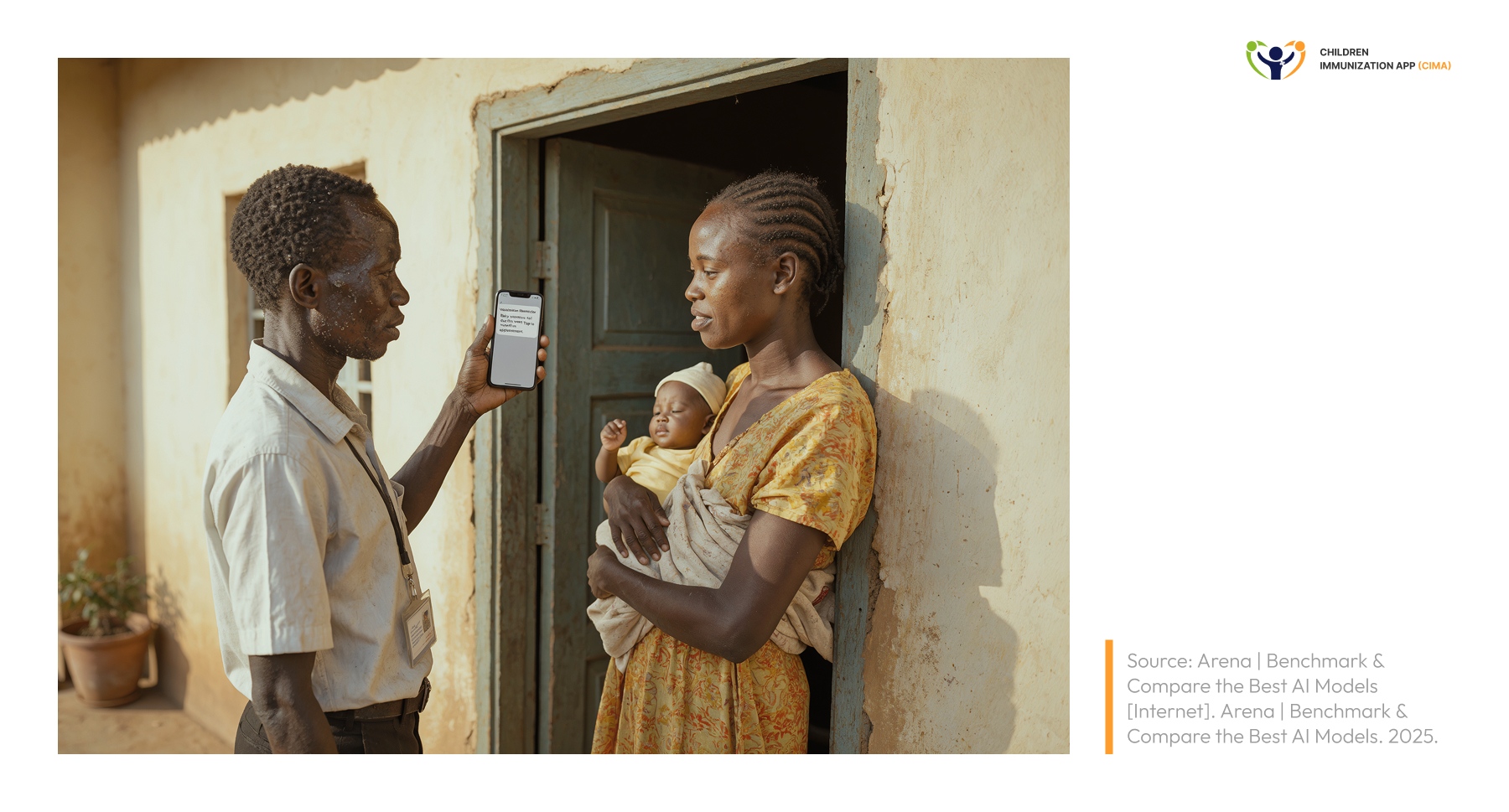 A community health worker shows her phone to a mother with an infant at her doorstep.
