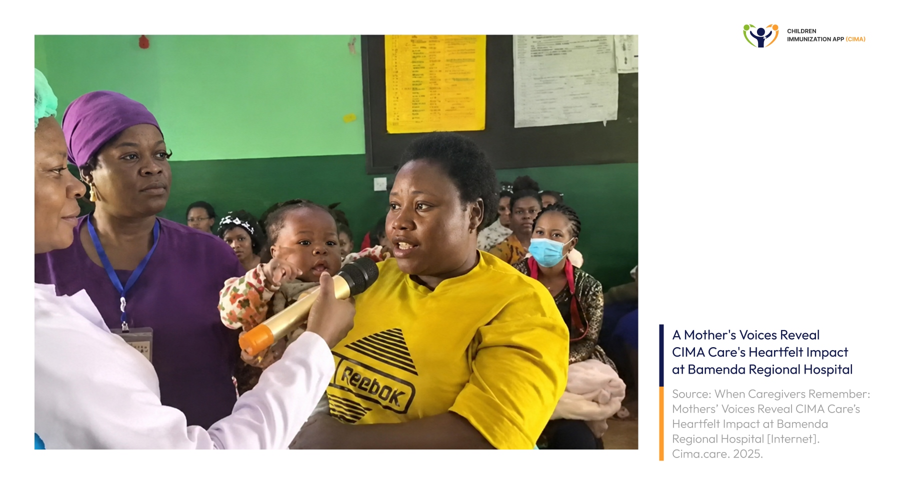 Mother interviewed at Bamenda clinic; caregivers and babies were in the background.