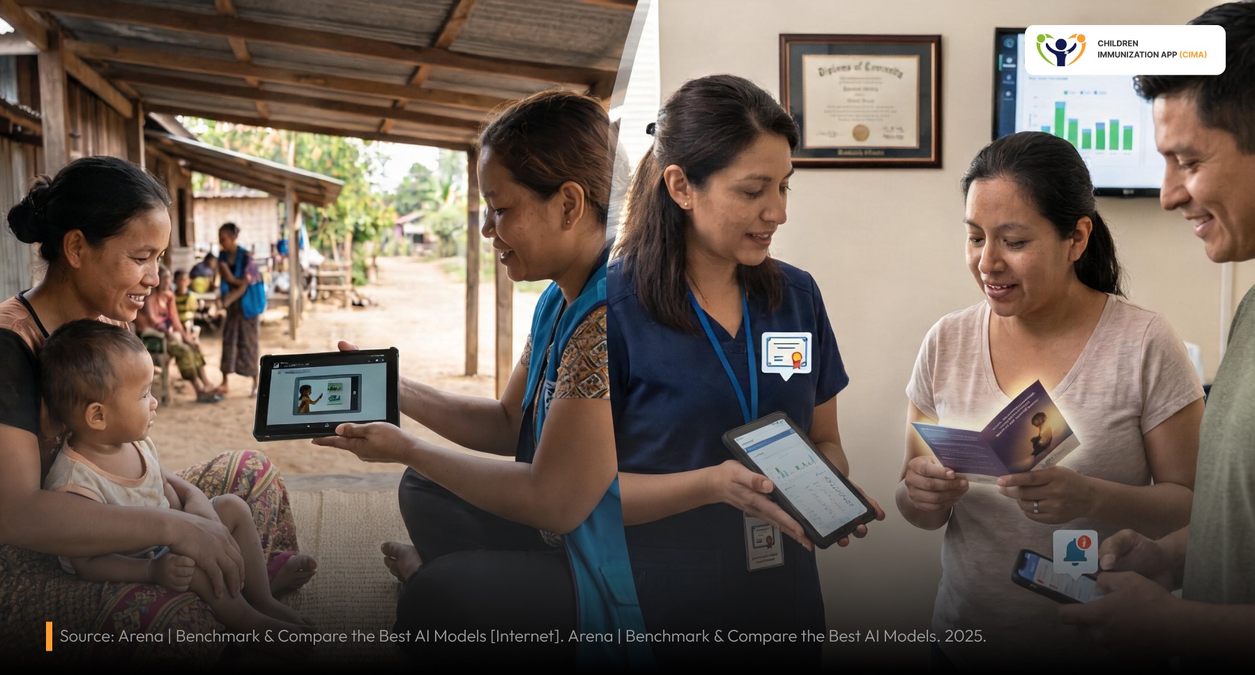CHW educating mother with an infant; CPD-certified worker and family with data.