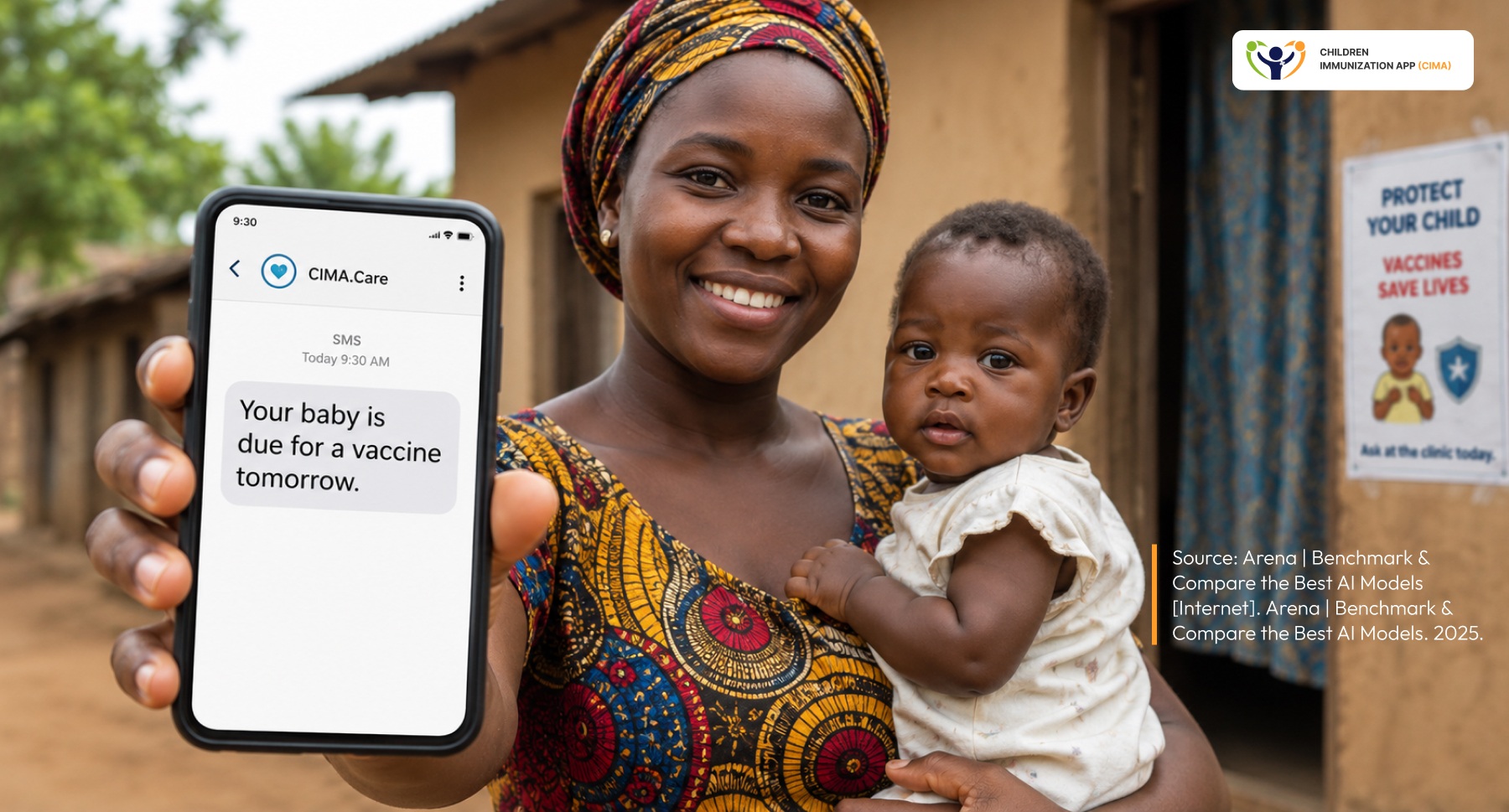 A smiling mother is holding a baby and a phone showing a CIMA Care vaccine reminder.