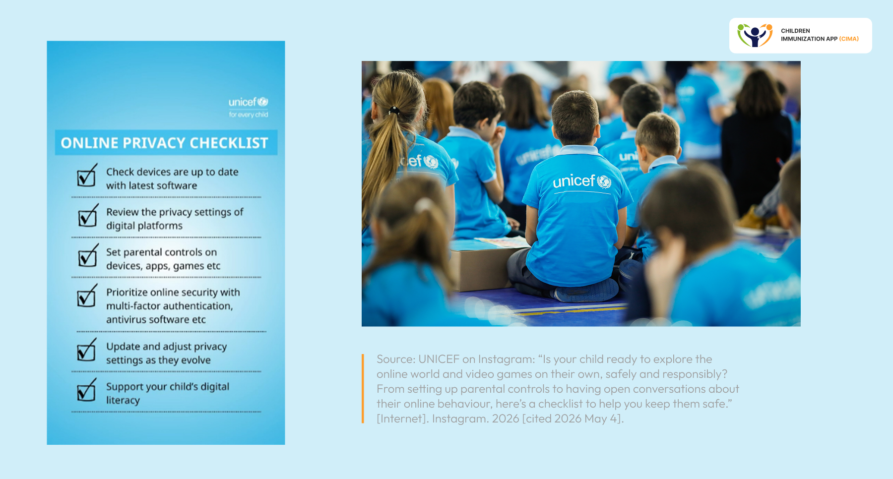 UNICEF privacy checklist and children engaged in learning — GC25 in action.