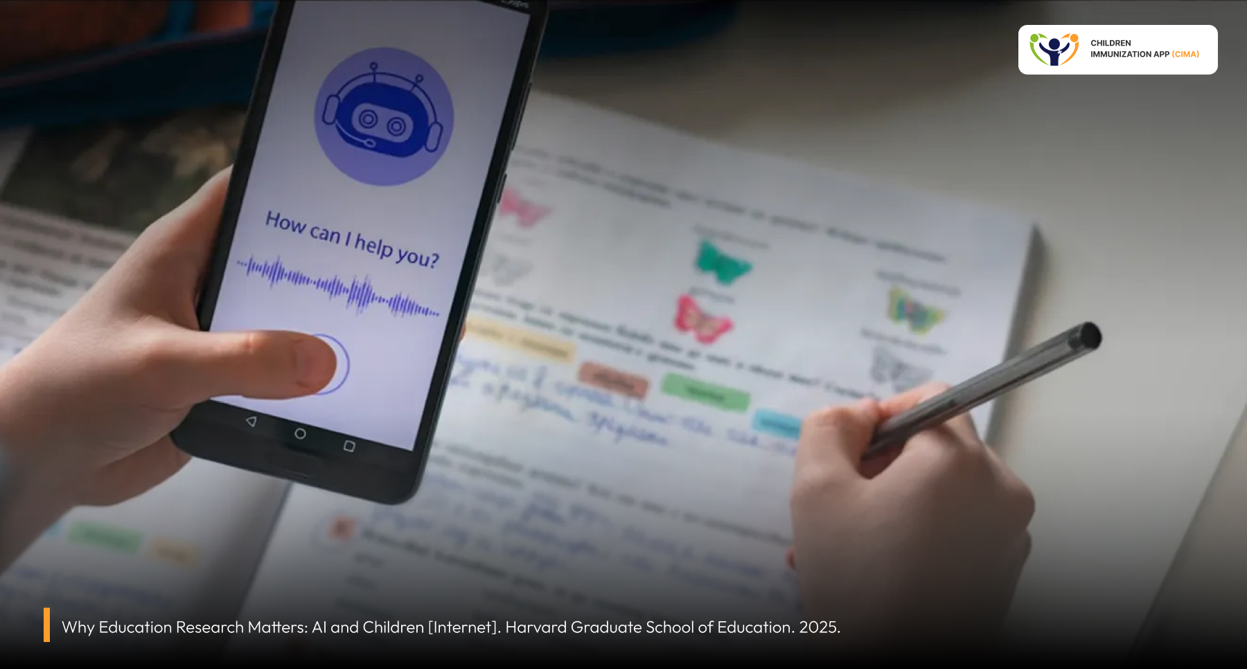 AI chatbot asking 'How can I help?' beside a child's annotated schoolwork.