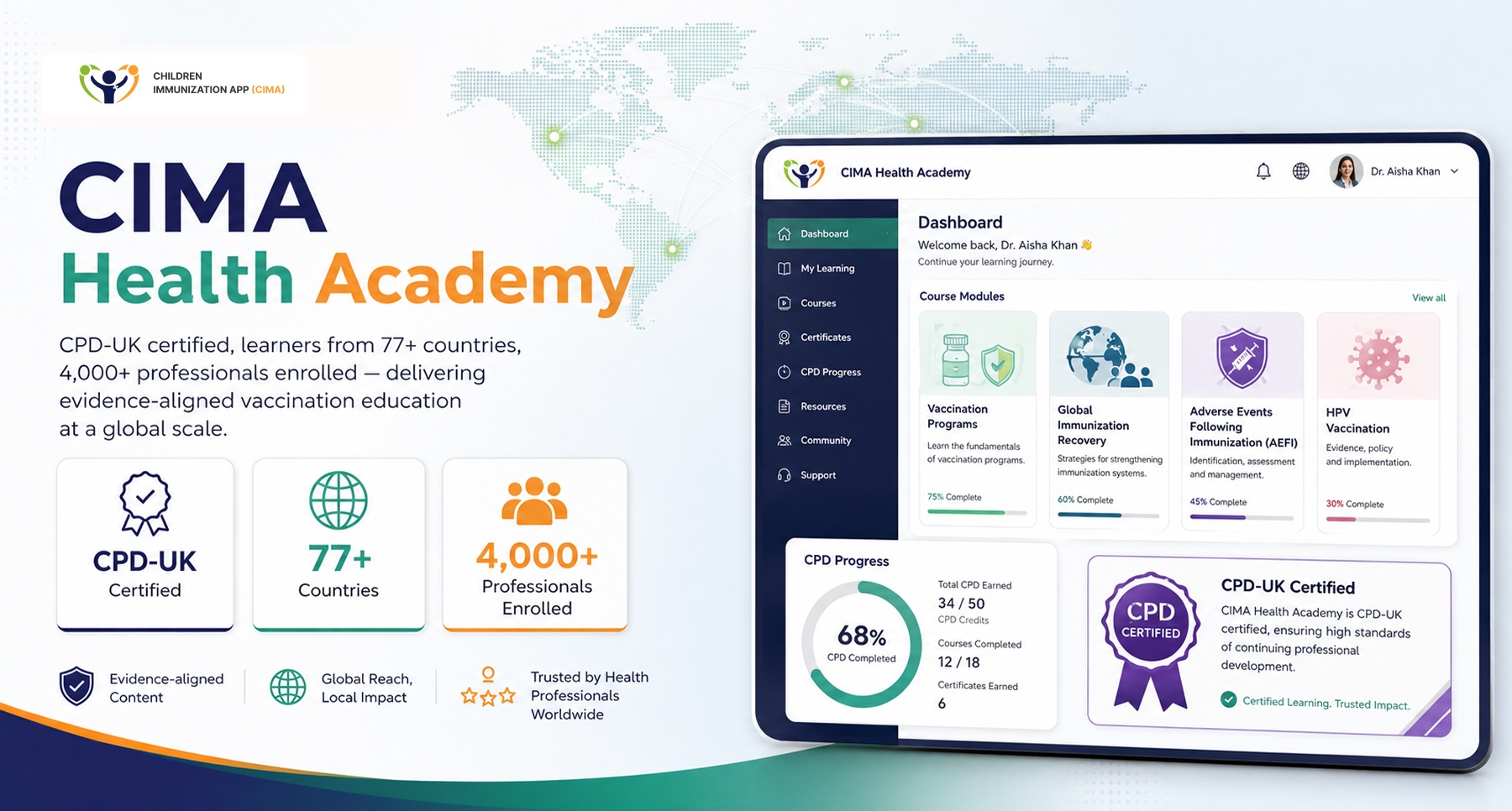 CIMA Health Academy image showcasing CPD-UK certification, global reach, and vaccination education courses.