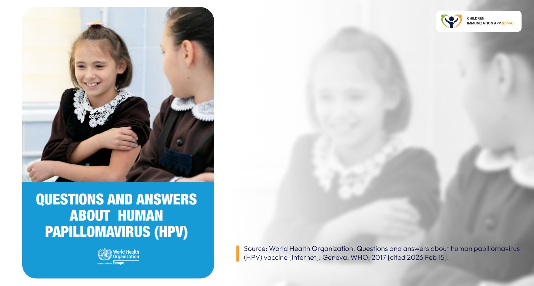 Smiling girl after HPV vaccination beside WHO's official HPV questions and answers guide.