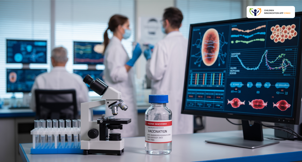 Lab with vaccine and monitors showing research on multiple health benefits.