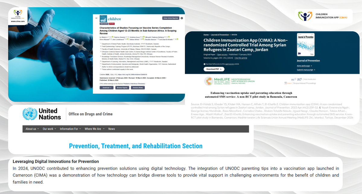 Research publications and UN Office featuring CIMA Care's validated impact.