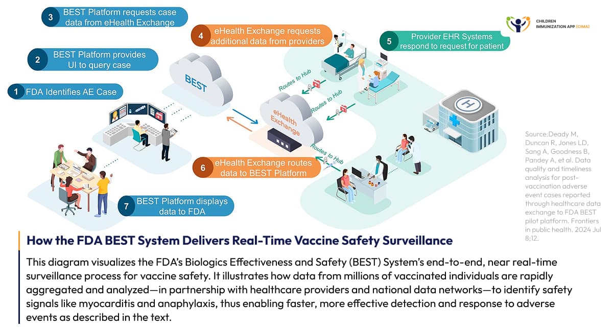 FDA BEST system workflow diagram showing real-time vaccine safety process.