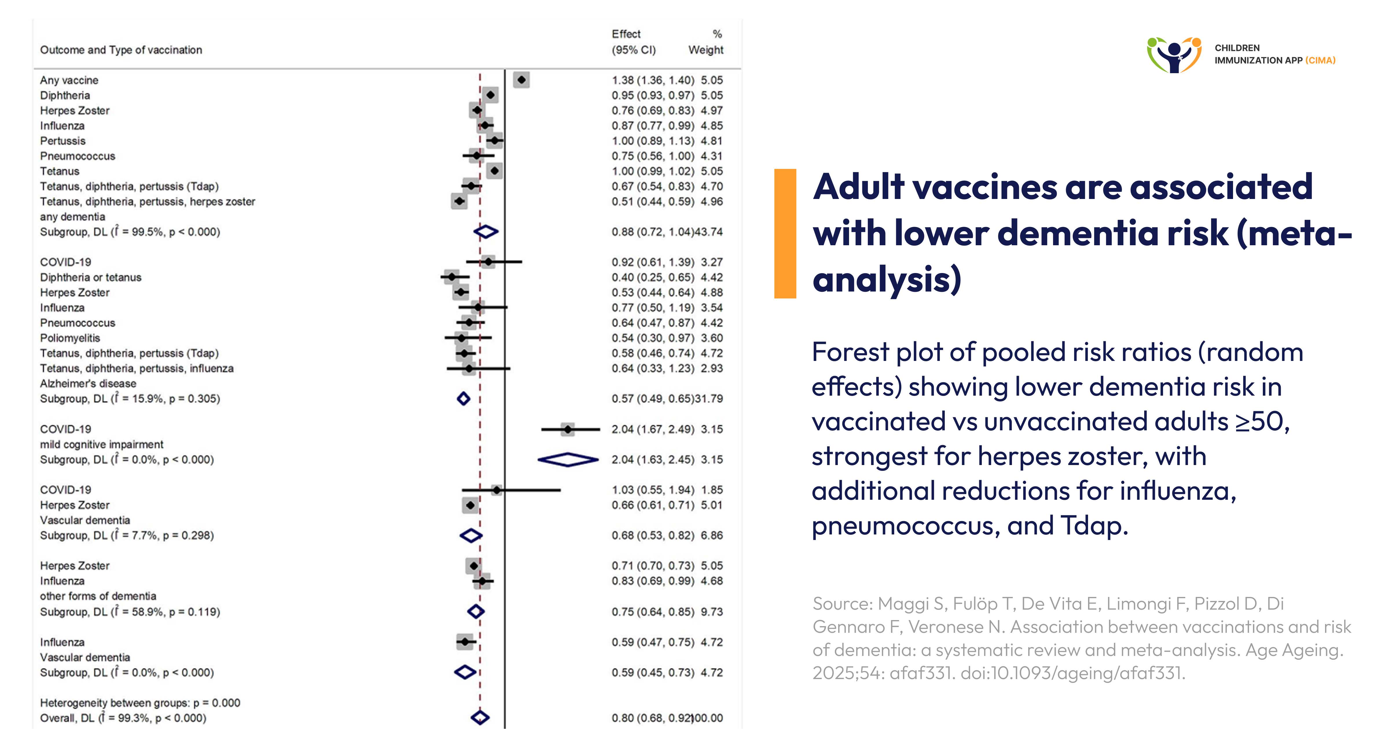 Forest plot showing multiple vaccines reduce dementia across 21 studies.