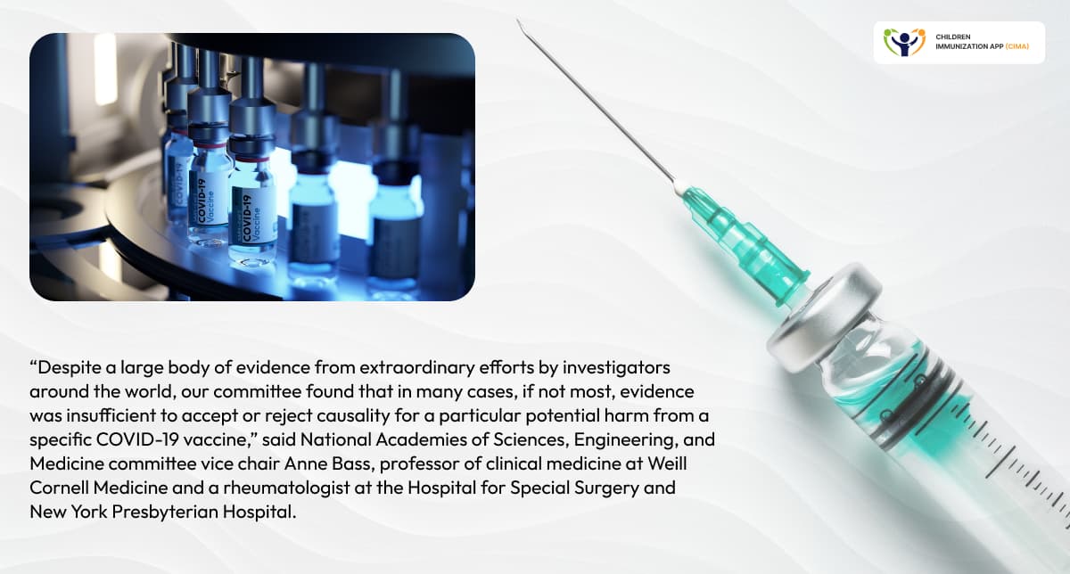 COVID-19 vaccine vials and syringe representing NASEM safety review.