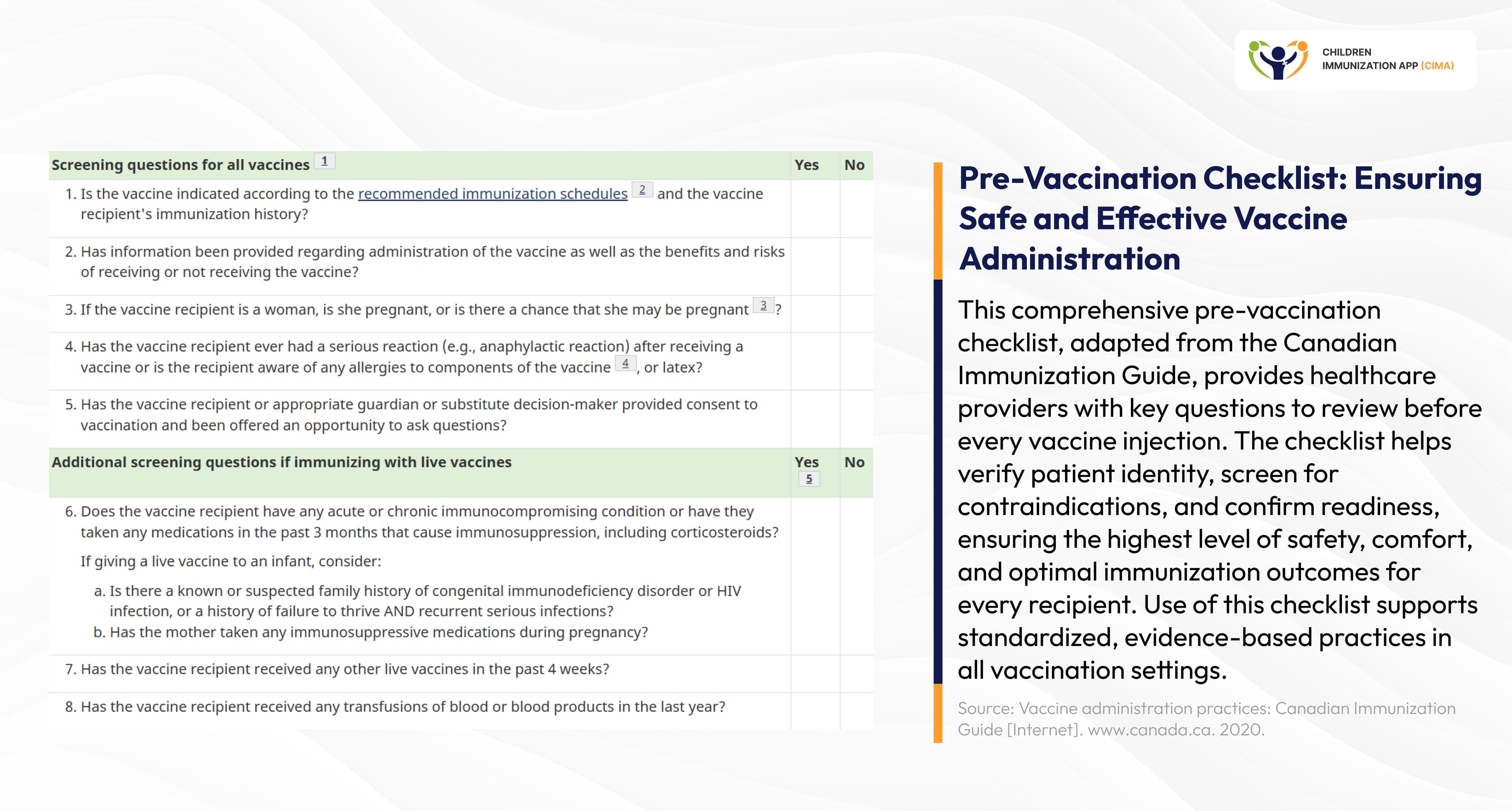 Pre-vaccination checklist form for patient screening and safety.