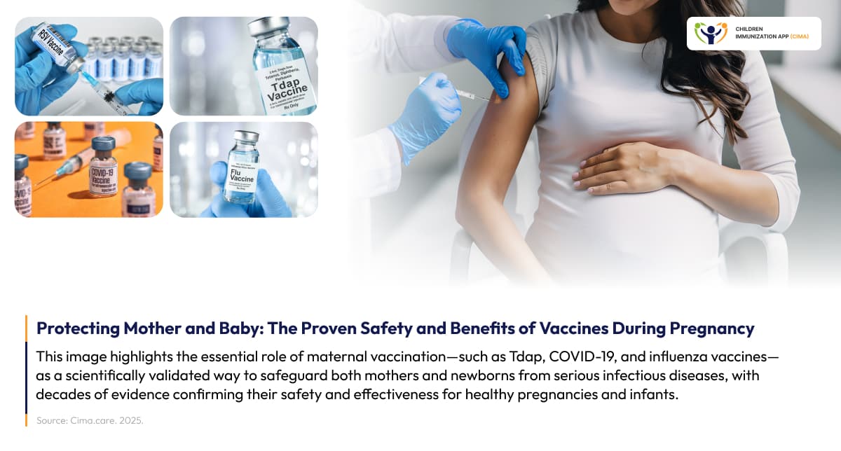 Maternal vaccination scene with pregnant patient and multiple vaccine vials.