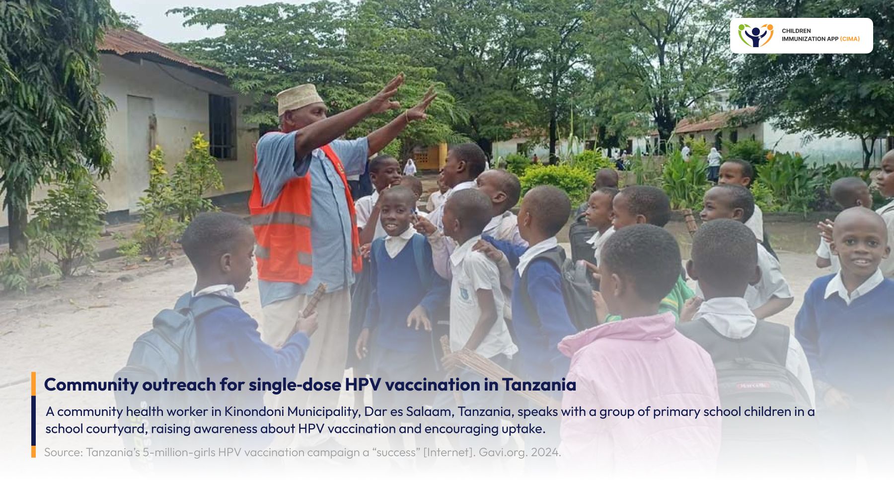 Health worker engaging school children in HPV vaccination outreach in Tanzania.
