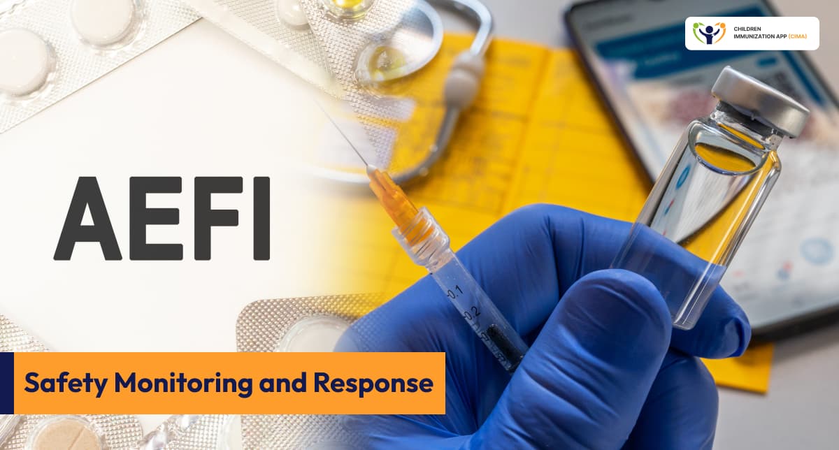 AEFI safety monitoring scene with syringe, vaccine vials and medical supplies.