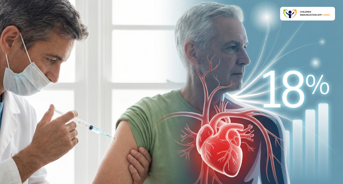 Vaccine administration with heart showing 18% cardiovascular reduction.