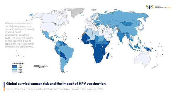 World map showing cervical cancer cumulative risk by country, highest in sub-Saharan Africa.