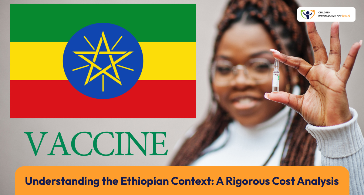 Healthcare worker holding vaccine with Ethiopian flag and text overlay.