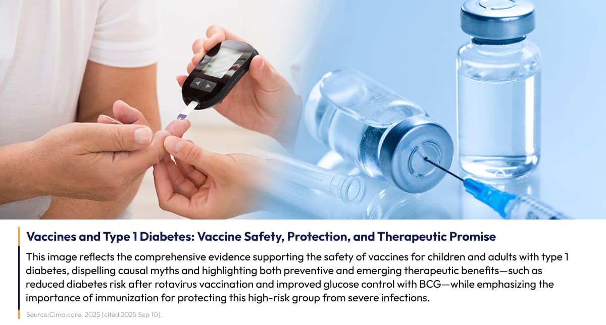 Glucose meter and vaccine representing Type 1 diabetes vaccination safety.